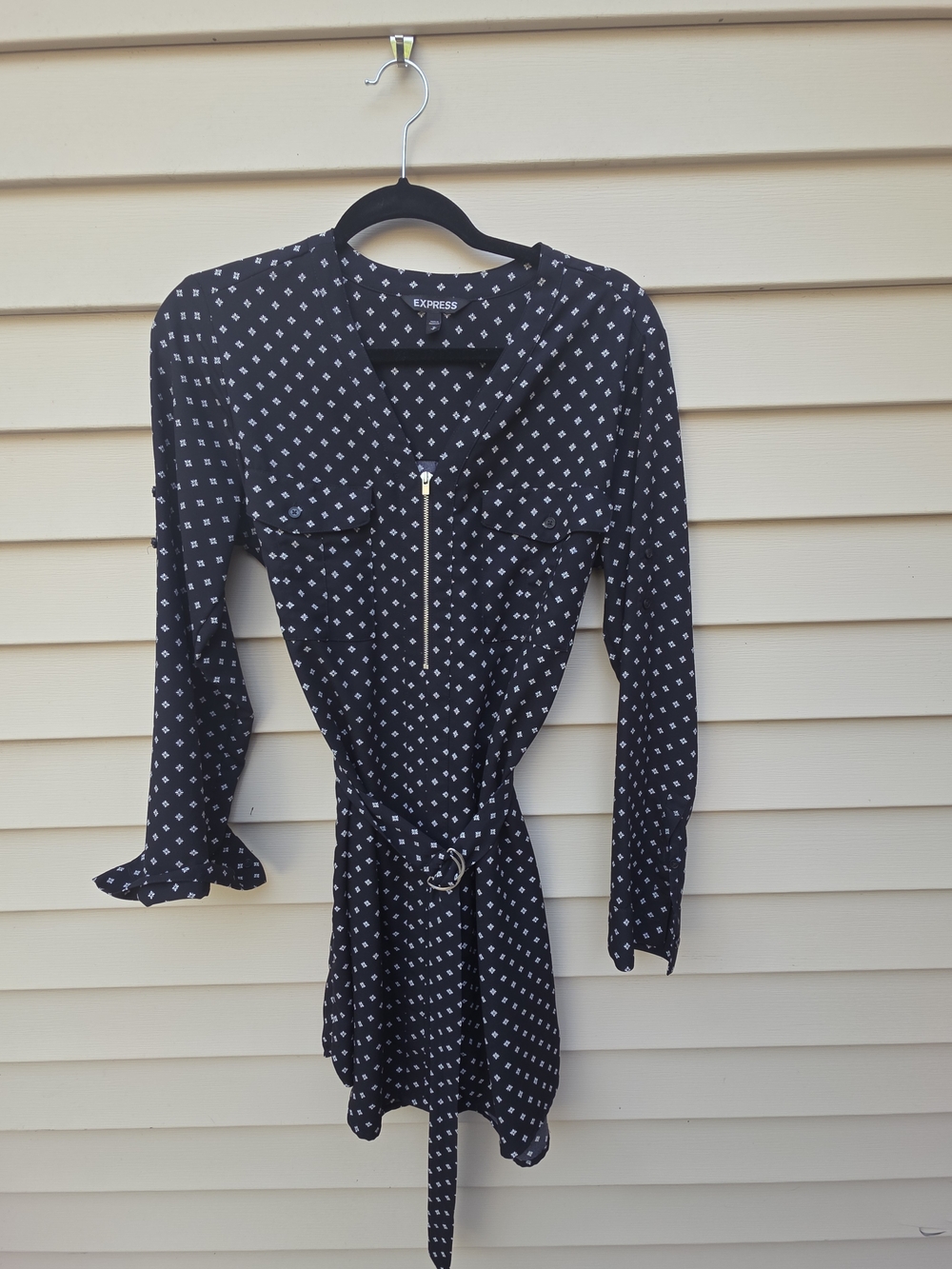 Express Black Printed Long-Sleeve Belted Dress